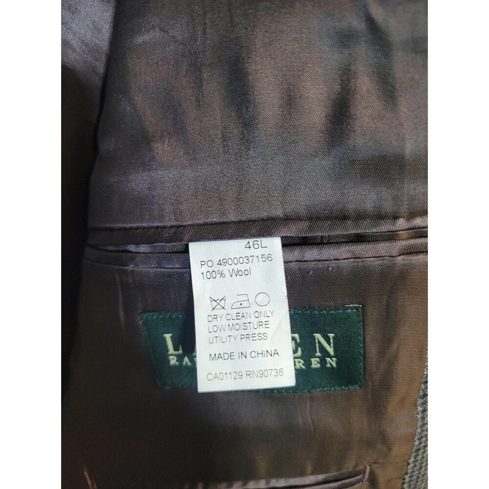 Lauren Ralph Sport Coat Mens 46L Gray Check Wool Twill 2 Button Blazer Long